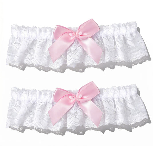 Elegaperma 2 Pcs White and Pink Garters for Bride, Stretchy Lace Bow Leg Thigh Garter Belt for Bride Bridal Wedding Gift