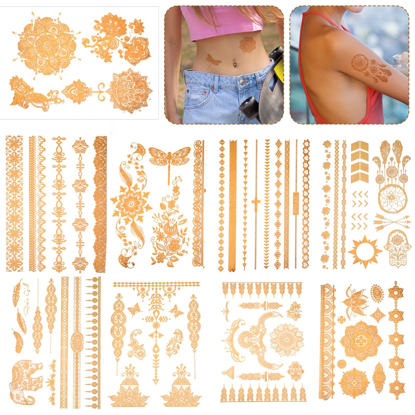 Oruola 9 Sheets Gold Temporary Tattoos,80+ Designs Tattoos,Flash Gold Tattoos Temporary Women Adult,Flowers Butterfly Glitter Tattoo for Festival Vacation Makeup Rave,Waterproof, Realistic Last Long