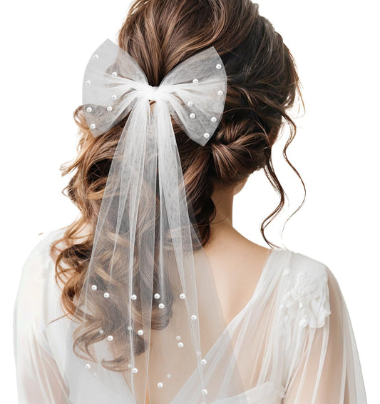 Veil Bridal Veil Short with White Short Veil & Pearl Decoration and Bow Detail, Lightweight and Transparent Fabric for Romantic Weddings and Parties