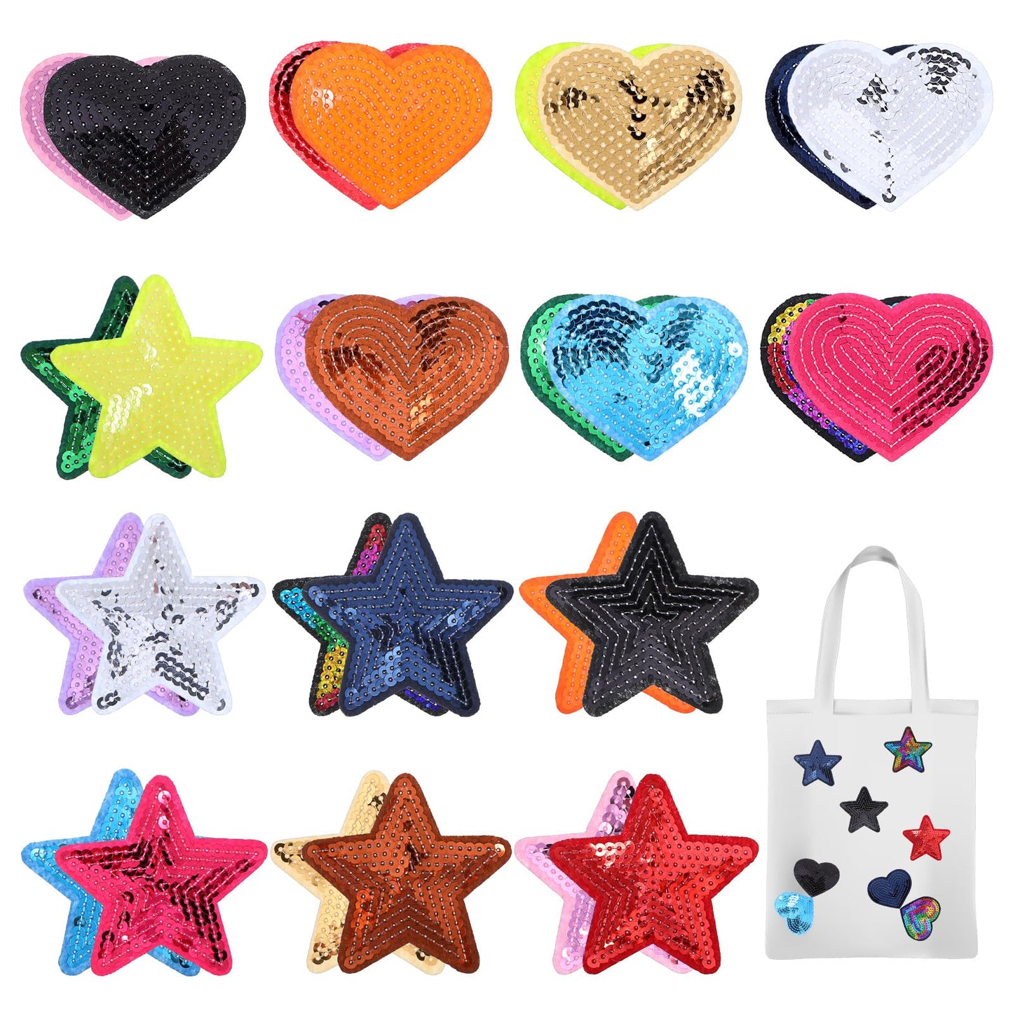 Oruola 28pcs Sequin Iron on Patches,Heart and Star Patches Iron on,Sequin Shiny Star Heart Embroidered Patches Applique Embellishments for Clothing Jackets Jeans Shoes Bags Hats Decoration DIY Crafts