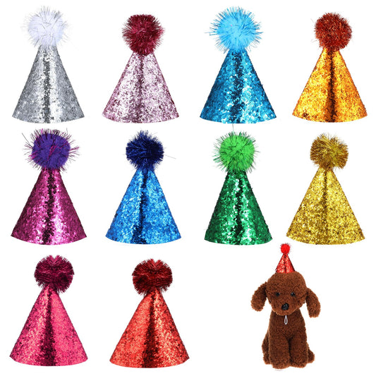 Oruola 10 Pack Dog Birthday Hats, Multicolor Dog Party Hats, Reusable Cute Birthday Hat for Dogs with Pom Poms, Adjustable Headband Small Party Hat for Small, Medium Dogs, Cats Decoration