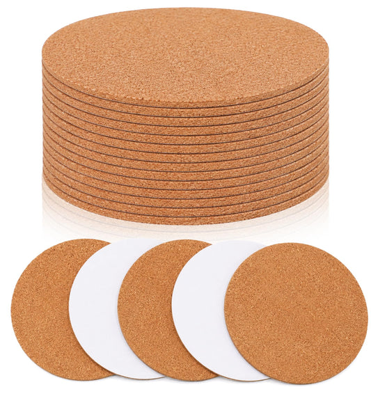 20Pcs Cork Coasters Round, 10cm Self-Adhesive Natural Cork Drinks Coasters