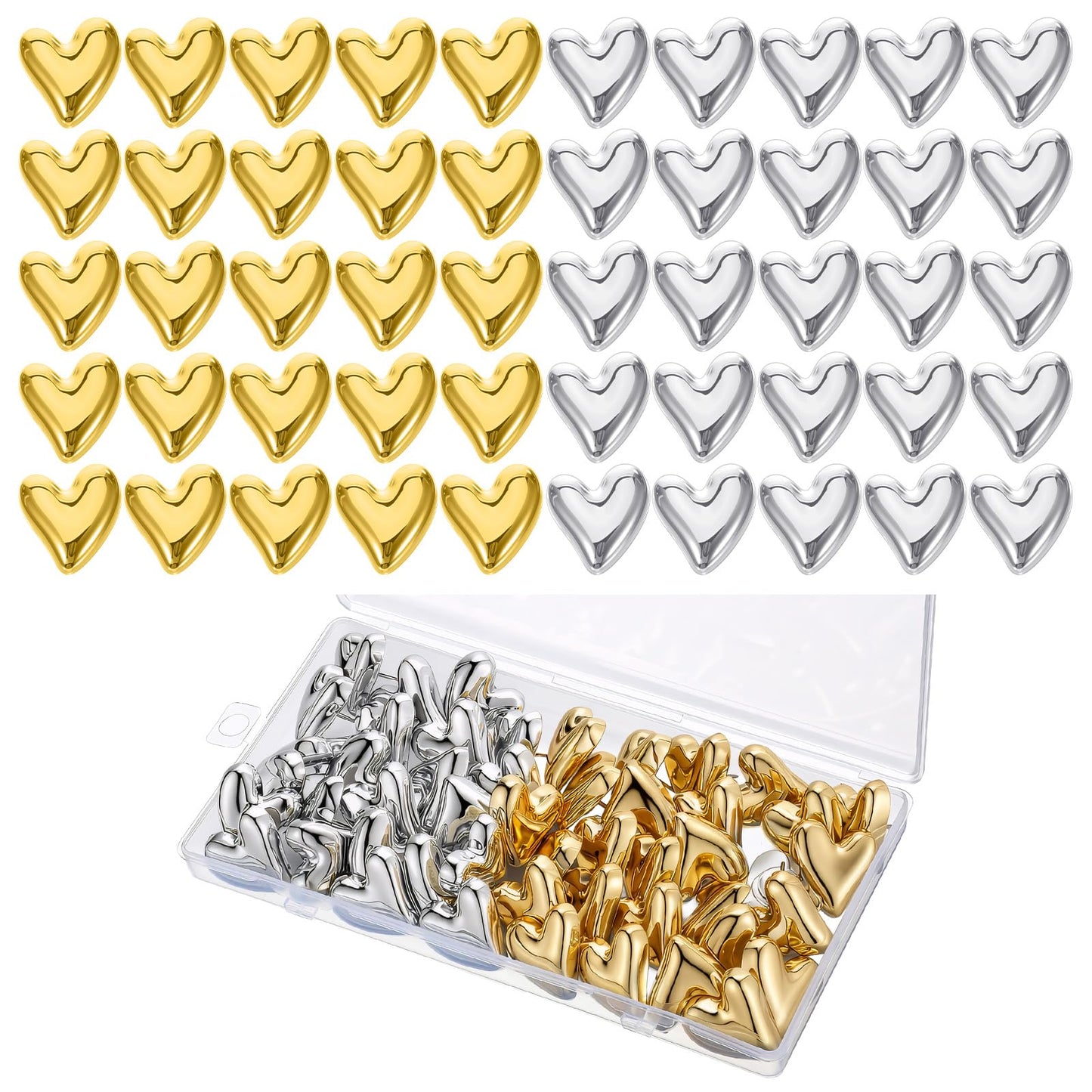 Elegaperma 50pcs Heart Push Pins Push Pins Heart Cute Decorative Pin Board Pins Hearts for Cork Board Wall Decoration Office School Home Gift (Gold/Silver)