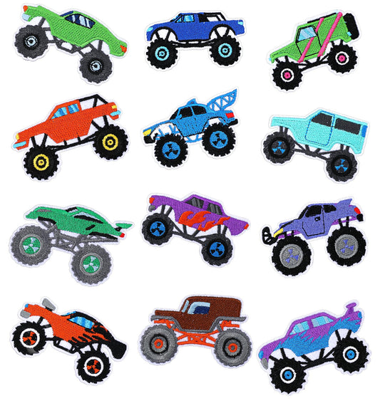 12 Pcs Monster Truck Iron On Patches, Cartoon Truck Vehicle Embroidery Patches, Self-Adhesive Repair Decorative Stickers, for Clothing, Bags, and Fabric Decoration