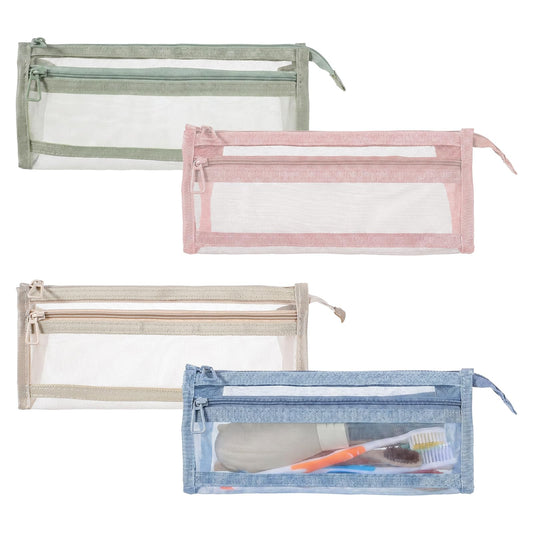 4 Pcs Mesh Pencil Pouch, Nylon & Polyester Mesh Pencil Case with Zipper for Travel, Office & Home Accessories (Blue, Pink, 8.66 x 3.94 x 1.97 in)