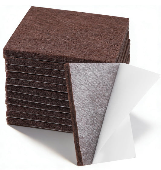 12Pcs Square Felt Furniture Pads, 2x2 Inch Self-Adhesive Felt Pads for Chair Legs, Cuttable Floor Protectors for Hardwood Floors, Brown (50mm)