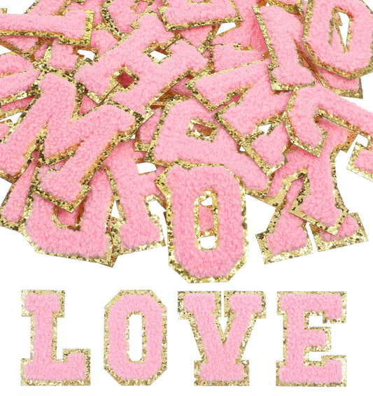 Iron on Letters Pink, 26 Pcs Pink Letters, Chenille Letters Iron On with Gold Trim, Fuzzy Letter Patches, Small Letter Patches for DIY Hats, Backpacks, Jeans, Vest, Coat, Clothing Fabric (A-Z, Pink)