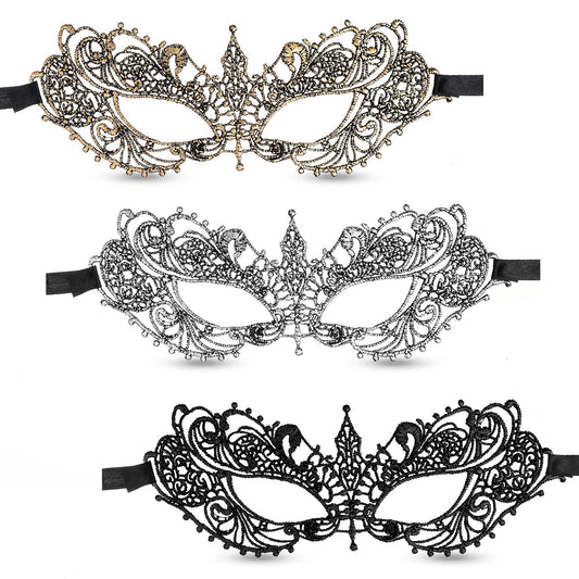 Classicseali Pack of 3 Venetian Masks, Lace Venetian Mask for Men and Women, Lace Mask, Masquerade Ball for Halloween, Carnival, Dance (Gold, Silver, Black)