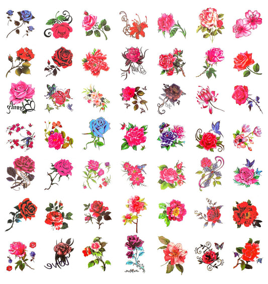 Flower Temporary Tattoos, 50PCS Watercolor Floral Butterfly Designs, Waterproof Semi-Permanent Body Art for Women Girls Festivals