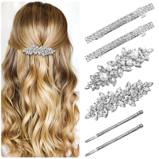 Elegaperma 6 Pcs Rhinestone Hair Clips for Women,Sparkly Bling Hair Clips with Rhinestones Crystal & Metal Alloy,Crystal Rhinestone Hairs Clip for Wedding,Party,Everyday Use,Bridal Accessories