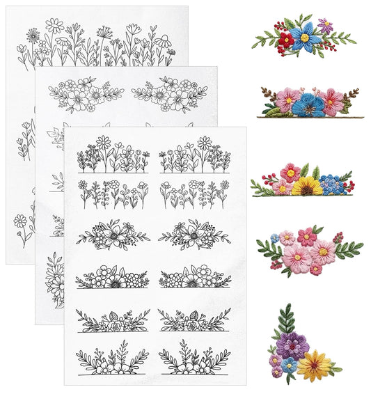 3 Sheets Water Soluble Embroidery Stabilizer, Stick and Stitch Self-Adhesive Transfer Paper with Pre-Printed Flower & Leaf Patterns, Water Soluble Embroidery Patterns for Hand Sewing Beginners