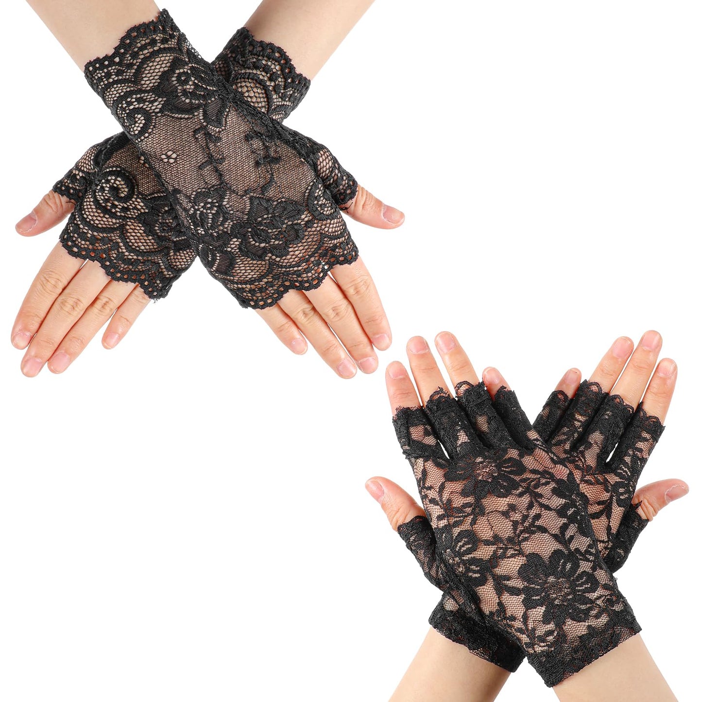 oruola 2pairs Lace Gloves for Women,Short Black Lace Gloves Fingerless for Wedding, Tea Party, Cosplay, Costume, Opera Evening Prom 1920s