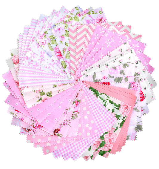 42Pcs Pink Quilting Fabric, 5 x 5 Inch Pre-Cut Floral Fabric Charm Packs for Quilting Charm, Cotton Precut Floral Fabrics Squares Perfect for Sewing & Patchwork Quilt DIY Crafts, 12.7x12.7cm