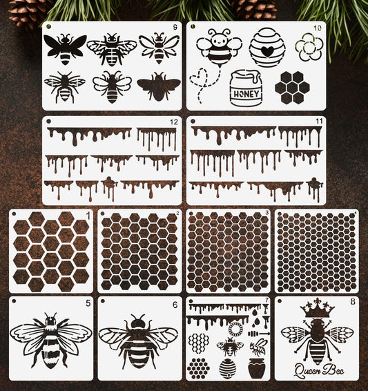 Honeycomb Stencil, 12Pcs Bee Stencil a Variety of Patterns and Two Sizes Durable Easy to Clean, Reusable Transparent Visual Design for Painting on Wood Tile Paper Fabric Floor Wall