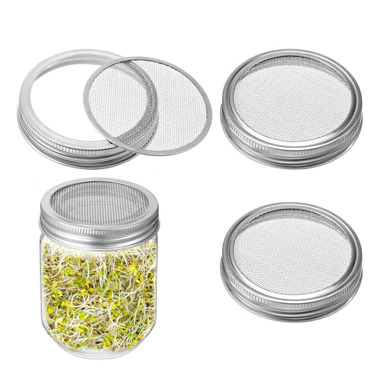 Classicseali 2pcs Sprouting Lids for Mason Jars, 86mm/3.4 In Stainless Steel Mason Jar Sprouting lids, Wide Mouth Sproutings Jar Lid for Growing Bean, Broccoli, Alfalfa, Organic Sprout, Silver