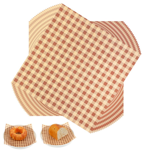 Guduling 100 Pcs Greaseproof Paper,7.1x7.1 Greaseproof Paper Sheets,Brown Disposable Grease Proof Papers Sheets,Squares Checkered Sandwich & Burger Wraps Tray Parchment Liners