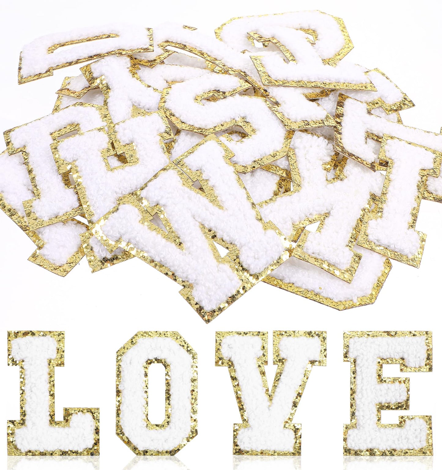 Iron on Letters for Clothes, 26 Pcs Iron on Pink Letter, Fuzzy Sew on Letters with Gold Trim for Clothes, DIY Hats, Backpacks, Jeans, Vest, Coat, Fabric (A-Z, Pink)