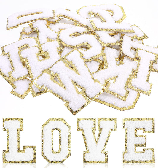 Iron on Letters for Clothes, 26 Pcs Iron on Pink Letter, Fuzzy Sew on Letters with Gold Trim for Clothes, DIY Hats, Backpacks, Jeans, Vest, Coat, Fabric (A-Z, Pink)