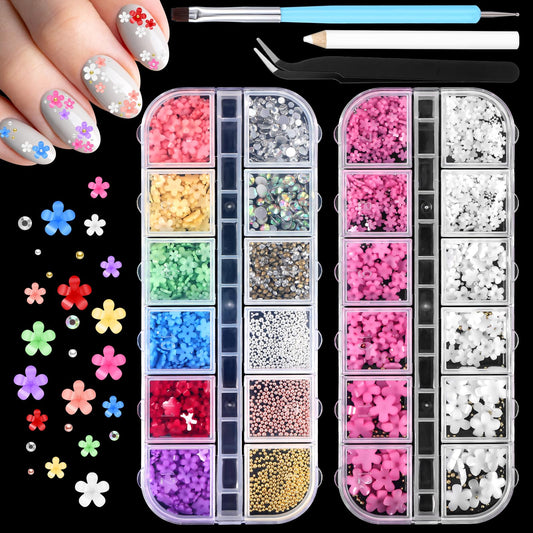 Oruola 3D Flower for Nails,2 Boxes Multicolor 3D Flower Nail Charms Nail Rhinestones 3 colors Pearls Nail Decorations with Pickup & Dotting Tools for Nail Art DIY Manicure Jewel Accessories