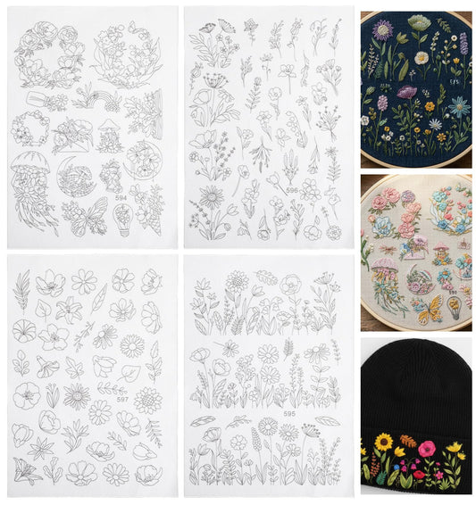 105 Pcs Embroidery Patterns Water Soluble, 4 Sheets Stick and Stitch Embroidery Paper Water Soluble Patterns Templates, Wash Away Dissolvable Floral Designs for Hand Sewing Clothes (Easy to Use)