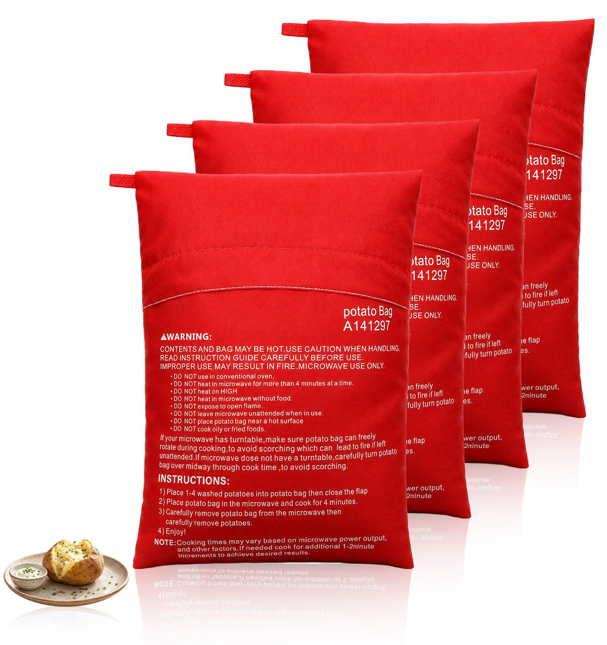 4 Pack Potato Express Microwave Bag, Baked Potato Microwave Bag, Reusable