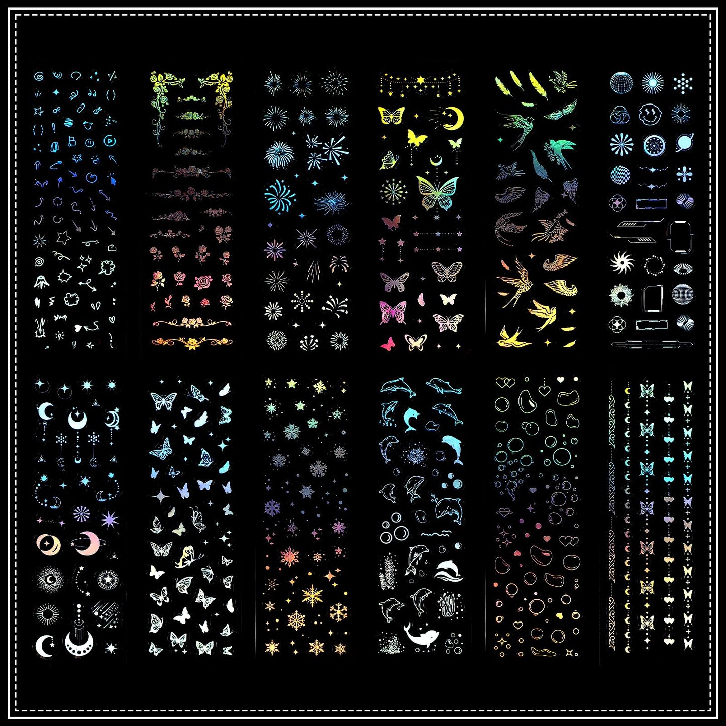 Oruola 24 Sheets Glitter Stickers,Holographic Stickers Butterfly Bubbles Snowflake Dolphins Moon Star Flower,Self Adhesive Clear Resin Stickers for Water Bottles Laptop Planner Album Scrapbook Journal