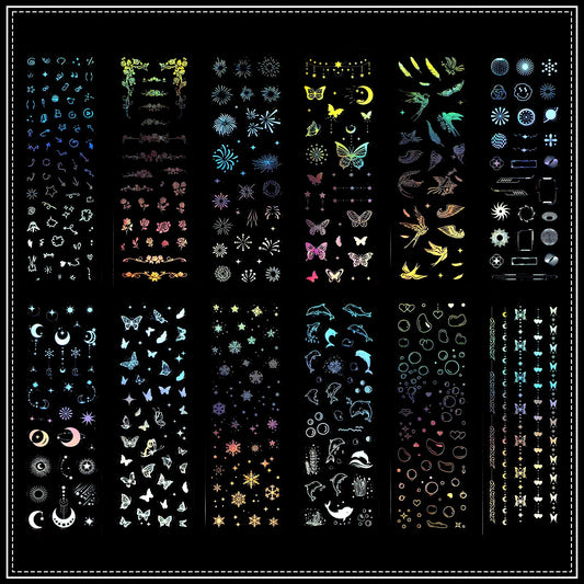 Oruola 24 Sheets Glitter Stickers,Holographic Stickers Butterfly Bubbles Snowflake Dolphins Moon Star Flower,Self Adhesive Clear Resin Stickers for Water Bottles Laptop Planner Album Scrapbook Journal