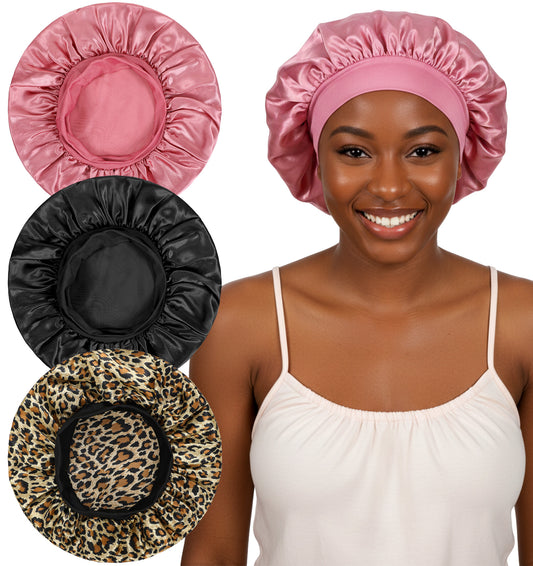 3Psc Satin Bonnet for Sleeping, Satin Hair Bonnet with Elastic Band for Curly Hair and Frizz Control, Breathable & Comfortable for Night Use