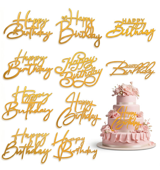 10 Pcs Gold Happy Birthday Cake Topper, Acrylic Birthday Toppers for Cakes