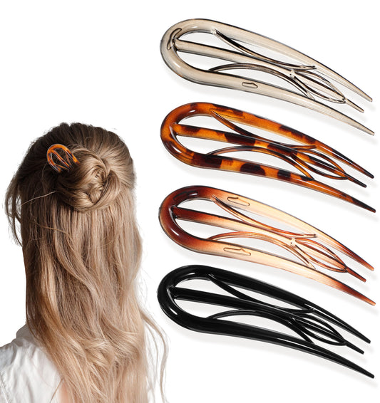 French Hair Pins, 4 Pcs Hair Fork with 3 Inner Teeth Design for Women Fine Thick Thin Hairstyle 3-Prong for Secure Hold for Updos, Buns & Chignons (Multicolor)