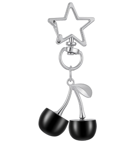 Silver Cherry Bag Charm, 2.76 Inch Cute Mini Cherry Keychain Silver with Metal Star Lock Safety Key Ring for Women Girls Car Keys, Purse & Backpack (Black)