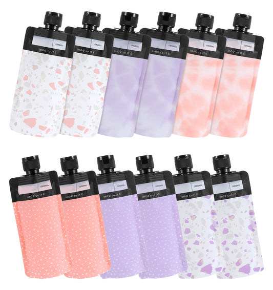 12 Pcs Travel Pouches for Toiletries, 6 Colours Refillable Travel Pouches for Liquid, Leak Proof Squeeze Containers with Labels (7 x 16.1 cm)