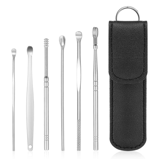 Oruola 6pcs Ear Wax Remover, Stainless Ear Wax Removal, Portable Ears Cleaning Set with PU Leather Case, Reusable Ears Curette Waxs Removal Set for Children & Adults