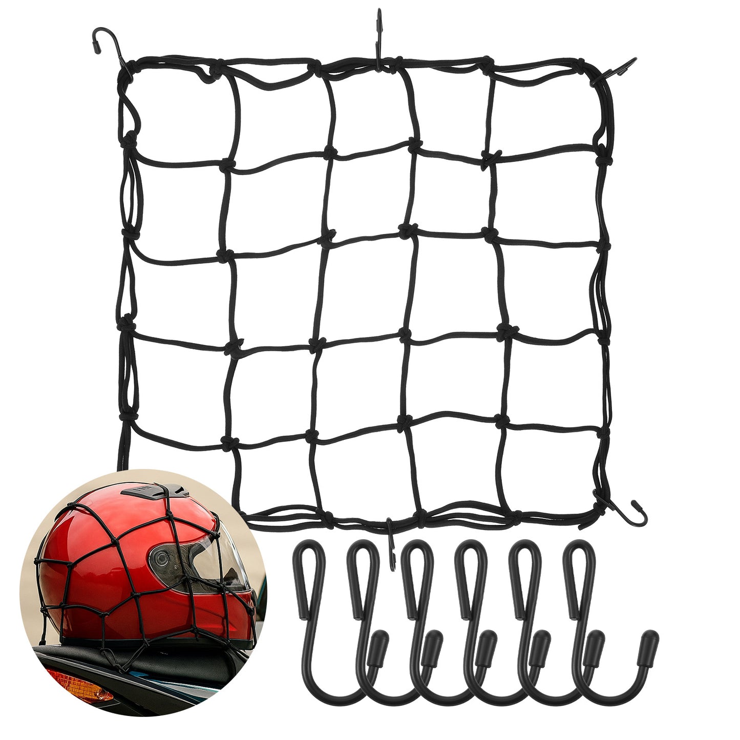 guduling 40 x 40 cm Luggage Net Motorcycle Small Luggage Net Bicycle Basket Elastic Motorcycle Luggage Net with 6 Hooks, Stretchy Safety Net Bicycle Basket Net, Luggage Bag, Black