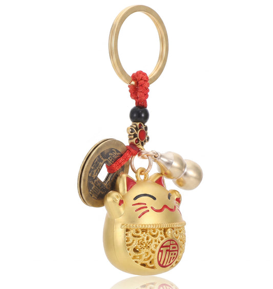 Thrymme Lucky Cat Keychain, Brass Maneki Neko Cat Keychain with Red String, Gourd, and Feng Shui Copper Coins, Japanese Style Good Luck Kitty Charms