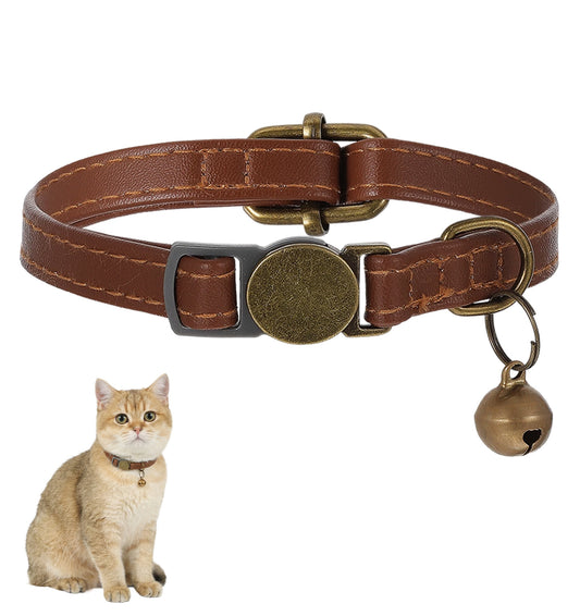 Cat Collars with Bell, 1PCS Kitten Collars with Bells Faux Leather Cat Collar for Small Cats Boy Girl (Brown)