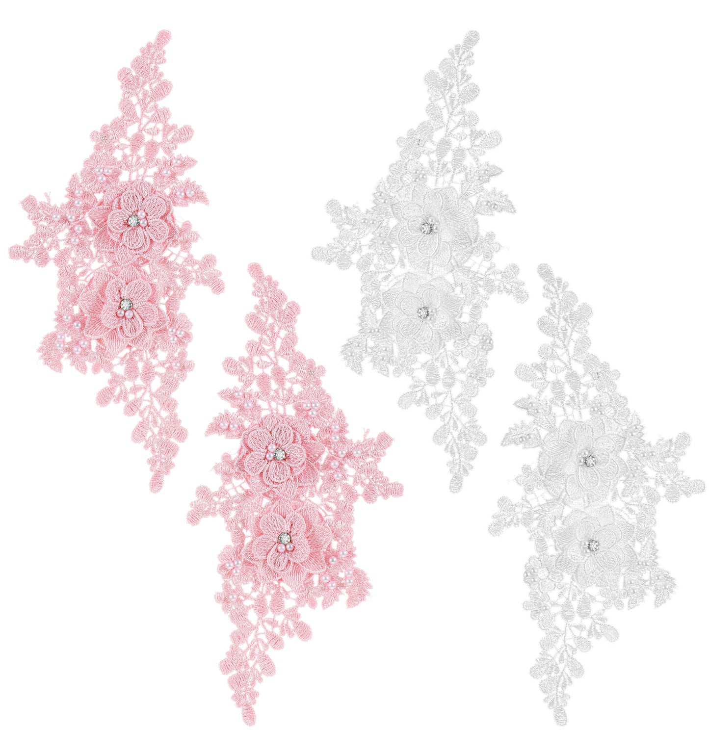 Lace Applique, 4 Pcs Pink White Lace Applique, Handmade 3D Flower Embroidery Patches for Wedding Dresses Gown DIY Crafts Embellishments（Embellished with Rhinestones and Imitation Pearls）