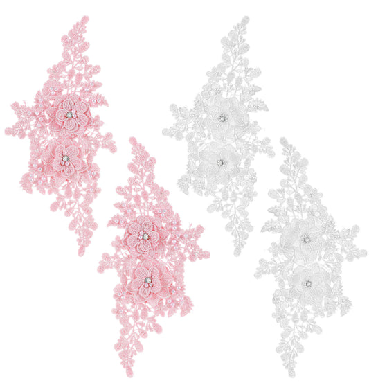 Lace Applique, 4 Pcs Pink White Lace Applique, Handmade 3D Flower Embroidery Patches for Wedding Dresses Gown DIY Crafts Embellishments（Embellished with Rhinestones and Imitation Pearls）