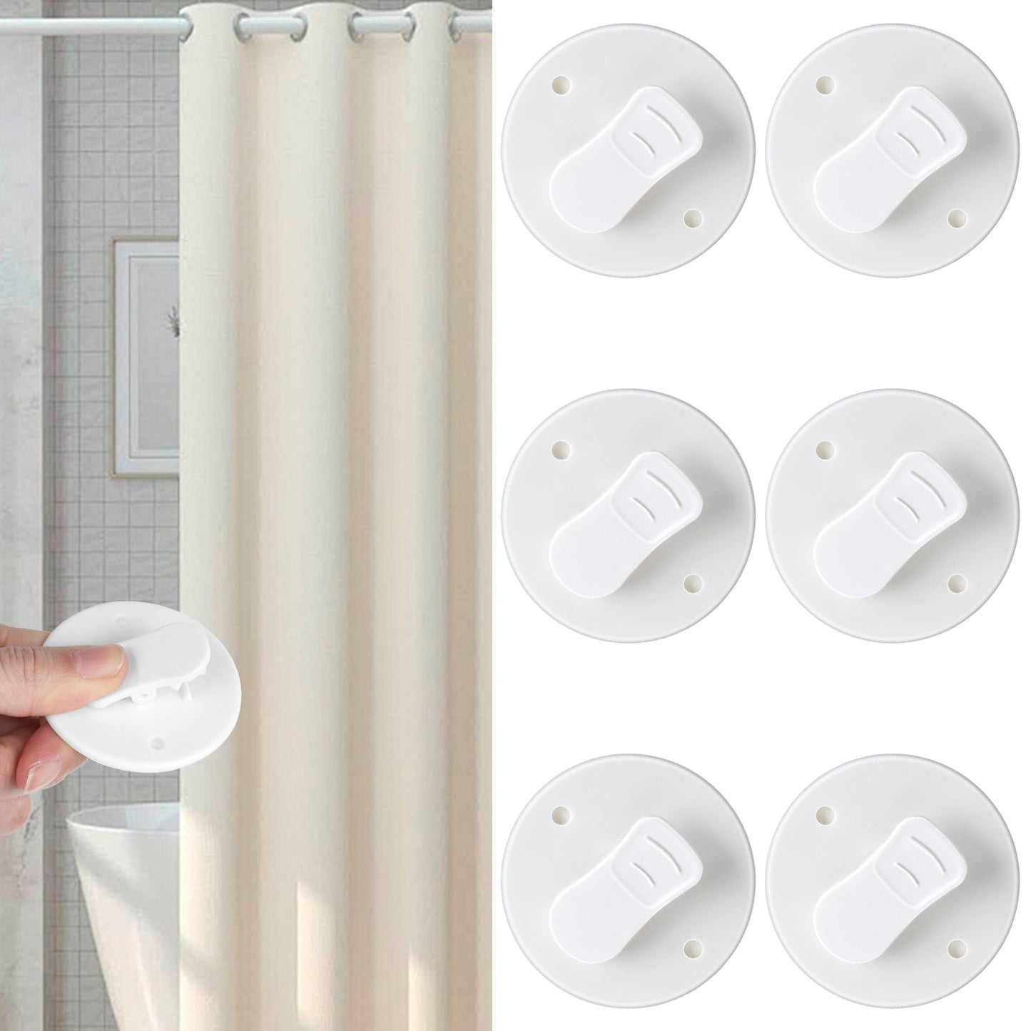 Classicseali 6pcs Shower Curtain Clip,Self Adhesive Windproof Splash Guard Shower Clips for Curtain,Round Shower Clips for Fixing Shower Curtains(White)