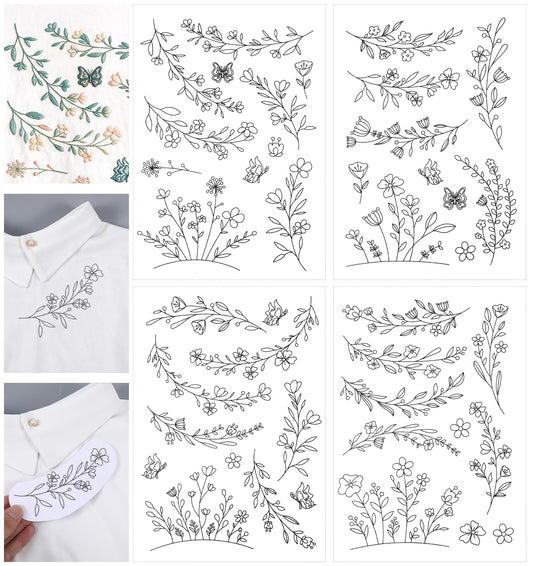 29Pcs Embroidery Patterns Water Soluble 8.3x11.7 Inch Floral Vine Stick and Stitch Embroidery Paper, 4 Sheets Wildflower Border Designs for Hand Sewing DIY Craft