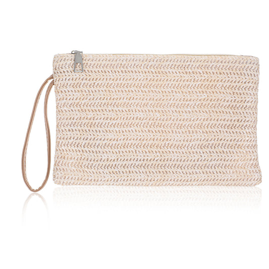 Classicseali Straw Clutch Bag, Summer Clutch Purses for Women, Bohemian Style, Zipper Wristlet Hand-Woven Vacation Clutch, Suitable for Work, Dating, Daily Life and Travel, White