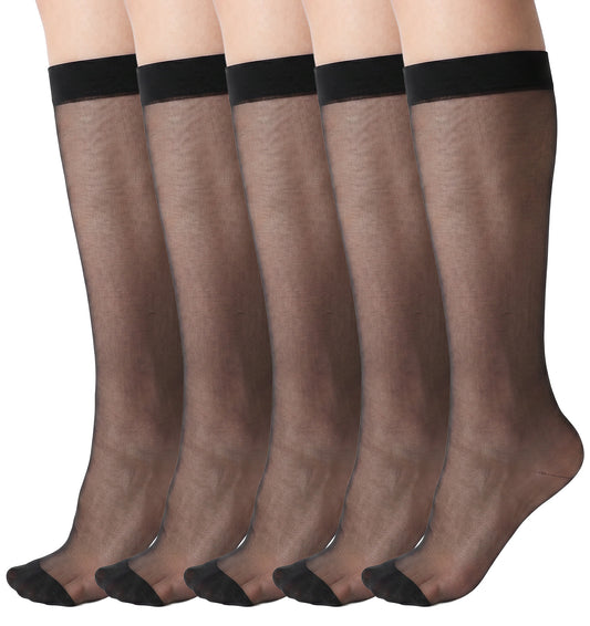 5 Pair Black Pop Socks, Black Knee Highs Stockings for Women Nylon Socks