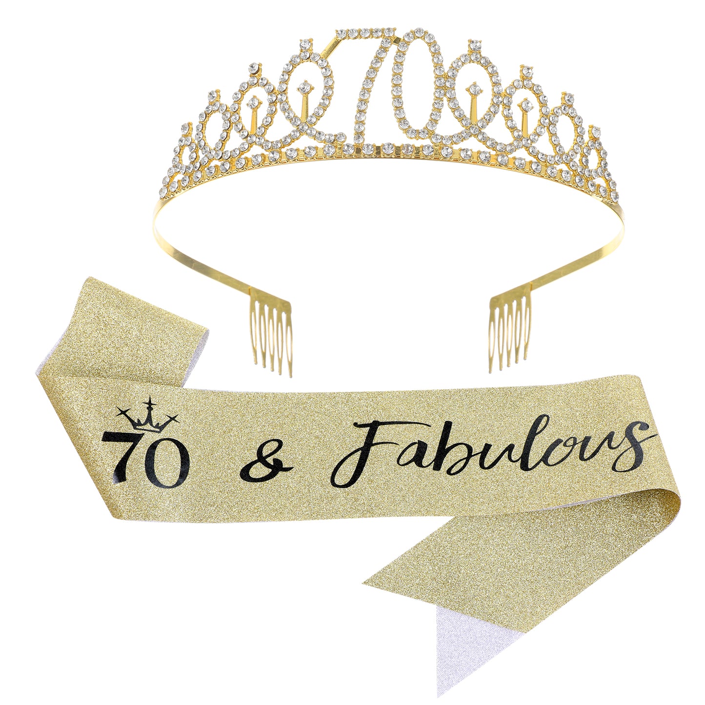 Elegaperma 70th Birthday Sash for Women, Gold Rhinestone Tiara & Glitter Birthday Sash Set, Alloy Crown with Sparkling Stones for Party Celebrations