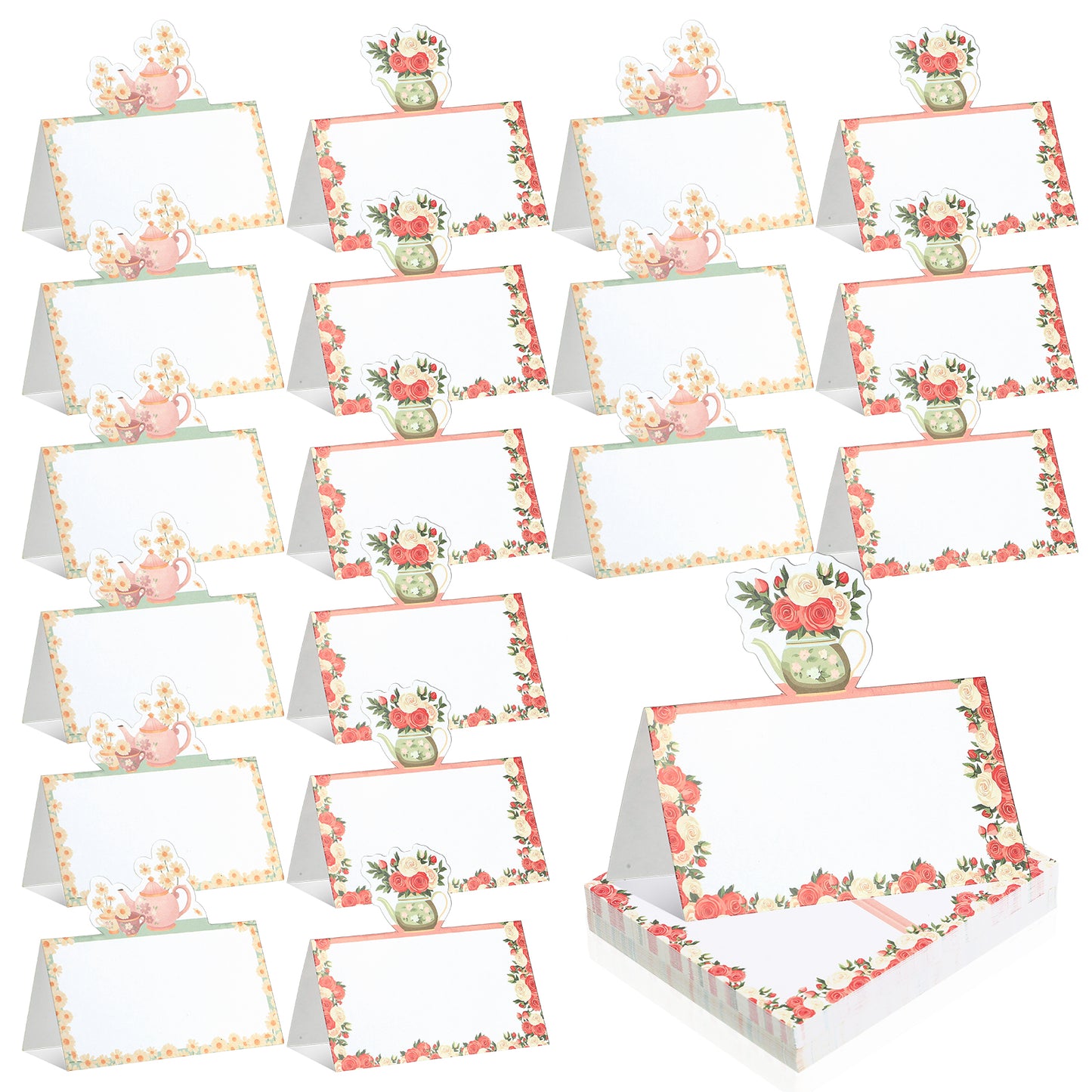 Elegaperma 50Pcs Place Cards for Table, Floral Tea Party Name Cards with Tent Fold Design, Blank Table Place Card for Wedding Birthday Bridal Shower Decorations