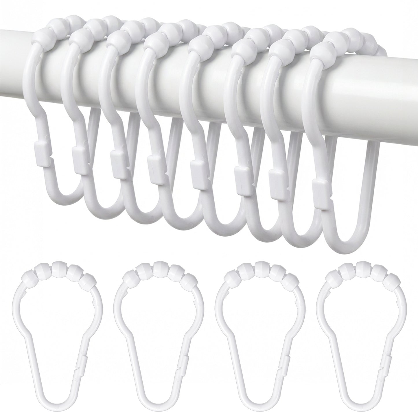 Elegaperma 12Pcs Shower Curtain Hooks Plastic, White Curtain Rings with 5 Ball Bearings, Smooth Gliding Plastic Shower Curtain Hooks for Bathroom and Tub