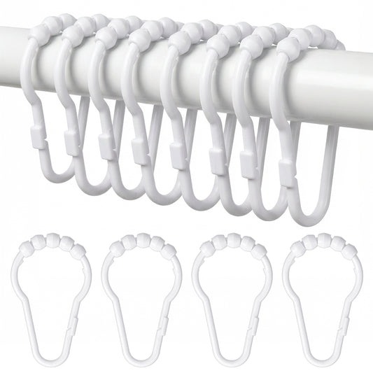 Elegaperma 12Pcs Shower Curtain Hooks Plastic, White Curtain Rings with 5 Ball Bearings, Smooth Gliding Plastic Shower Curtain Hooks for Bathroom and Tub