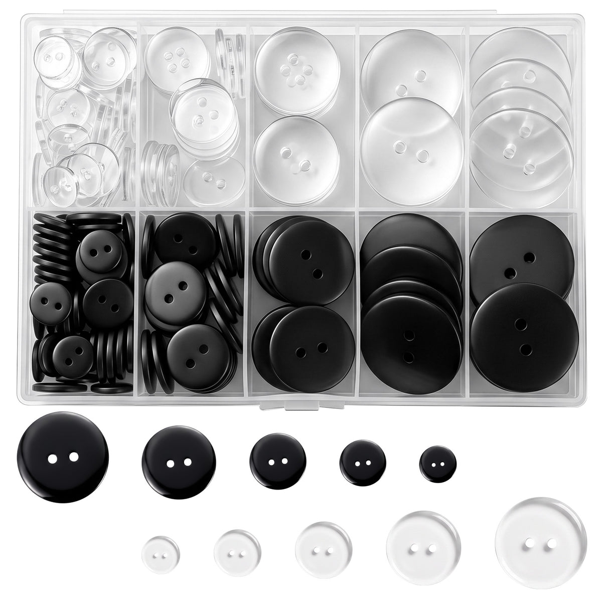 160 Pcs Black Buttons with Clear Resin Mix, 5 Sizes 2-Hole