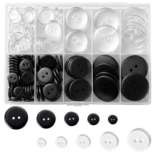 160 Pcs Black Buttons with Clear Resin Mix, 5 Sizes 2-Hole