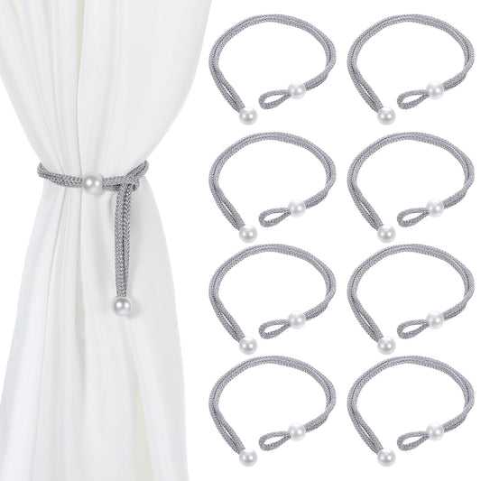 Classicseali 8pcs Grey Tie Backs for Curtains, Adjustable Tie Backs for Curtains, Silver Curtain Tie Backs with Pearl Curtain Rope Buckle Cord Holders for Home Hotel Office Window Drapery