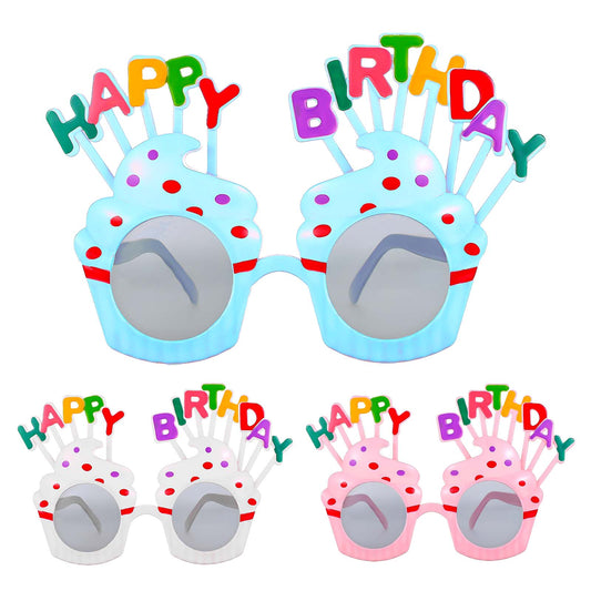 3 Pairs Birthday Glasses, Fun Happy Birthday Sunglasses, Sweet Cream Cake Birthdays Glasses, Birthdays Sunglasses for Children Adult Party Gifts (Pink, Blue, White)